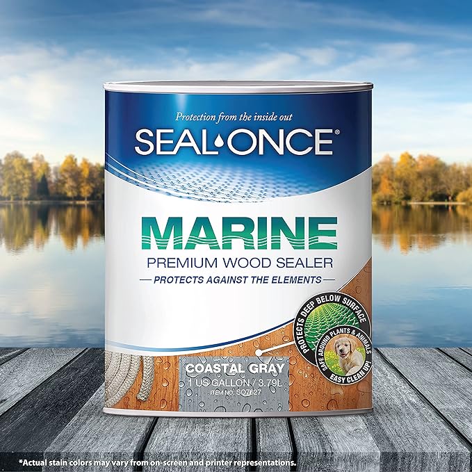 SEAL-ONCE Marine Ready Mix - 1 Gallon Penetrating Wood Sealer Waterproofer & Stain (Coastal Gray). Water-Based, Ultra-Low VOC Formula for high-Moisture Areas to Protect Wood Docks, Decks & Piers.