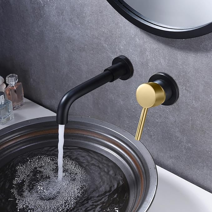 SUMERAIN Wall Mount Bathroom Faucet Black and Gold Wall Mount Faucet for Bathroom Sink, with Two Handles and Rough in Valve