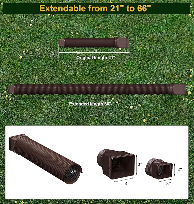 Rain Gutter Downspout Extensions, Downspout Extender for Rainwater Drainage Flexible, Down Spout Drain Extension Pipe and Extendable from 21 to 66 Inches (Brown)