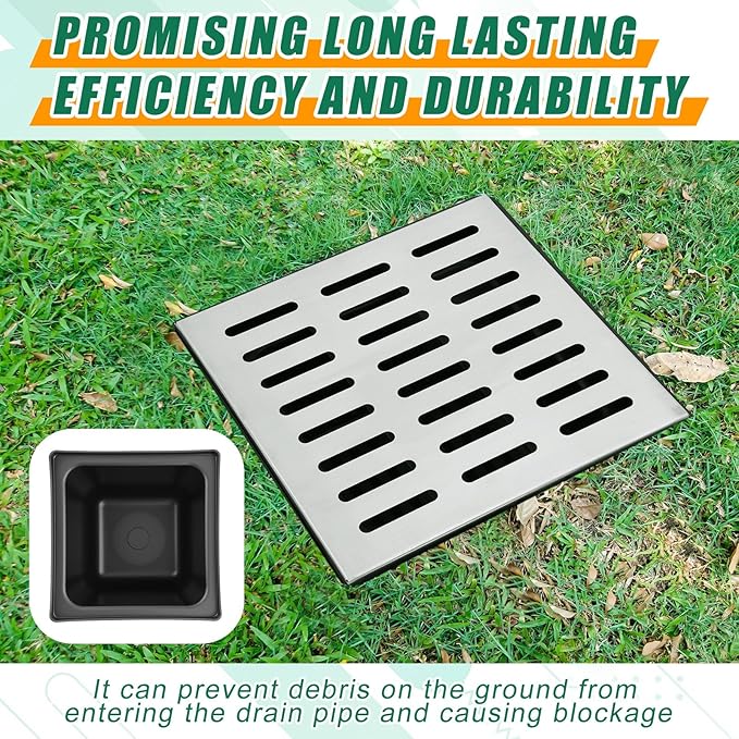 Catch Basin with 304 Stainless Steel Grate 18 x 18 x 15 Inch Square Large Catch Basin for Drainage with Debris Basket French Drain Without Reserved Hole for Yard, Downspout, Municipal Pipeline