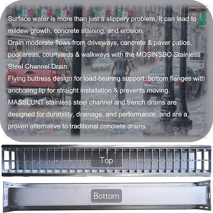 304 Stainless Steel Channel Drain with Galvanized Steel Grate 39.4x5.9x5.5 in, B-Class 28100 lbs Heavy-Duty Drain Kit for 3" Pipe, Trench Drainage System for Outdoor, Driveway, Garage, Yard
