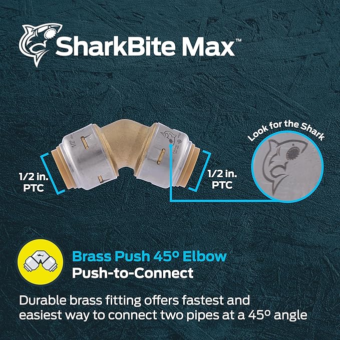 SharkBite Max 1/2 Inch 45 Degree Elbow, Push to Connect Brass Plumbing Fitting, PEX Pipe, Copper, CPVC, PE-RT, HDPE, UR648A