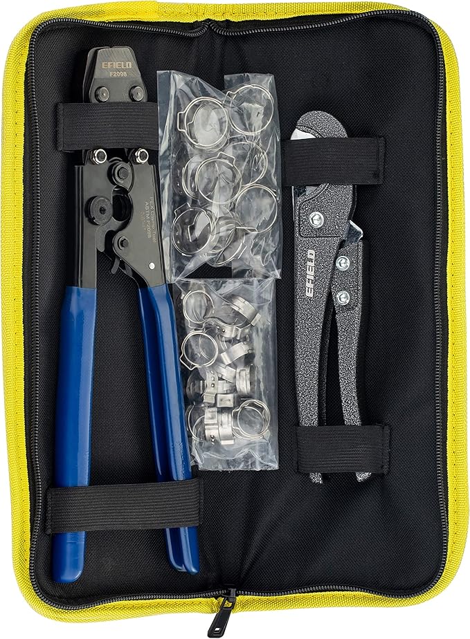 EFIELD Heavy-Duty Canvas Bag/Pex Cinch Clamp Crimping Tool for Stainless Steel Clamps from 3/8" to 1" with Pipe Cutter 20pcs 1/2", 10 pcs 3/4" Clamps Suit US F2098 Standards,(TOOL005)
