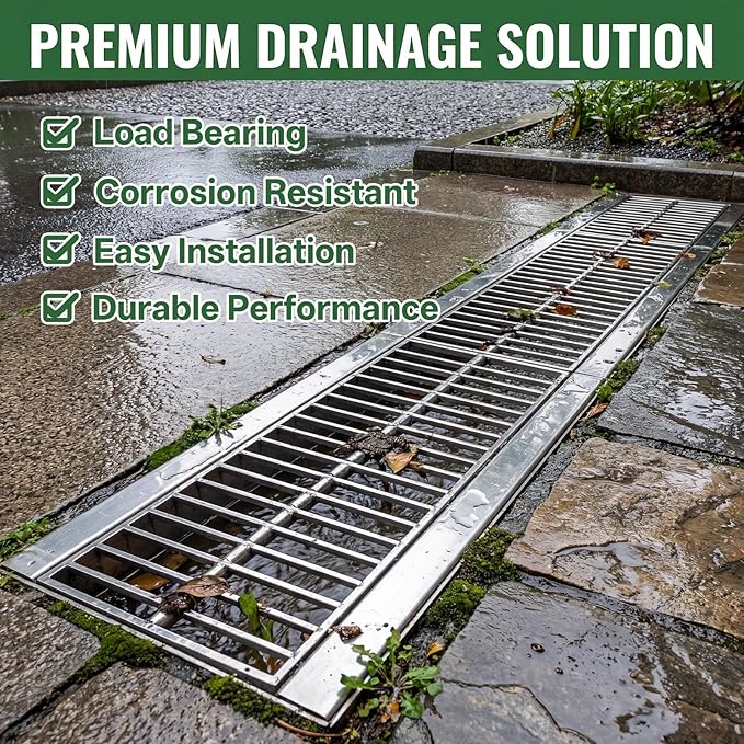 304 Stainless Steel Channel Drain, 39.4x6.1x5.9in Heavy-Duty Drain Kit, Trench Drainage System with Galvanized Steel Grate for Outdoor, Driveway, Garage, Yard