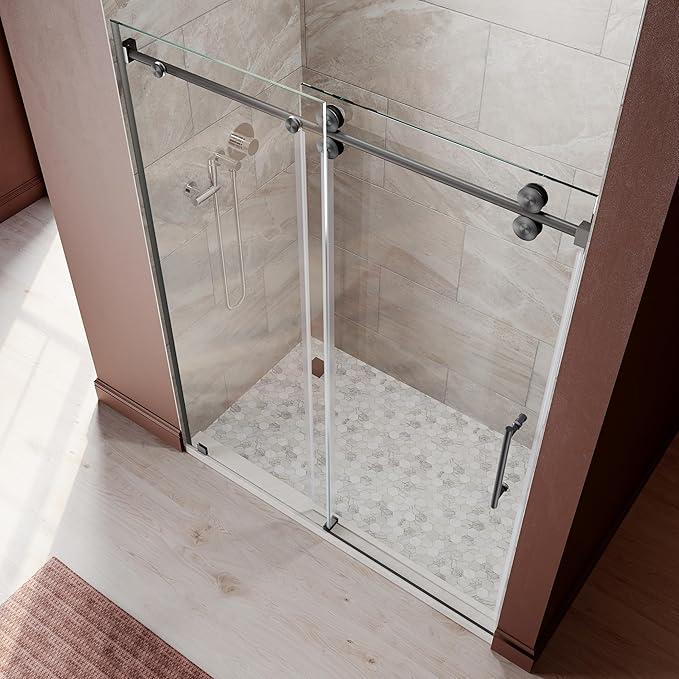 56-60 Inch x 72 Inch Sliding Frameless Shower Door, 3/8" Tempered Glass with Easy-Cleaning Coating, Stainless Steel Rollers & SGCC-Certified Stability, Space Gray