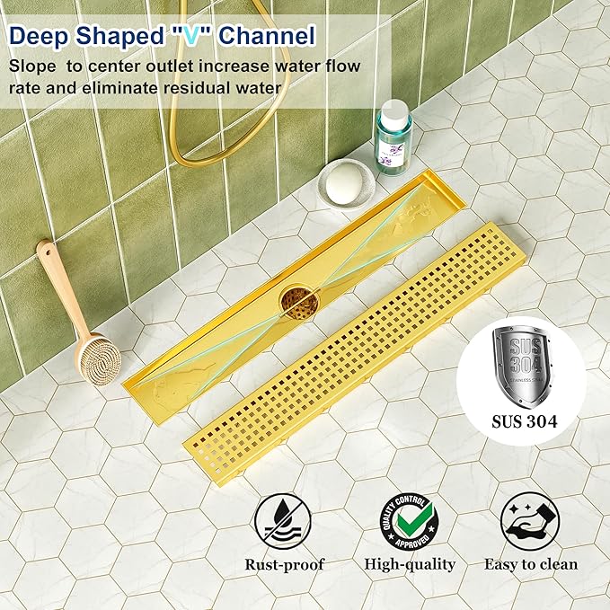Neodrain 18-Inch Brushed Brass Linear Shower Drain with Removable Quadrato Pattern Grate,Professional 304 Stainless Steel Gold Rectangle Shower Floor Drain Manufacturer,Linear Drainwith Hair Strainer