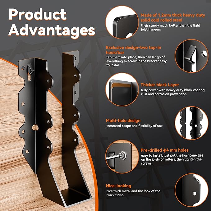 25 Pcs Black Joist Hangers 2x8, Rafter Brackets , Hurricane Straps for 2x8 Face Mount Joist Hangers 2X8 for Shed/Barn/Coop/Porch/Truss/Decks, Structurally Sound and Aesthetically Pleasing