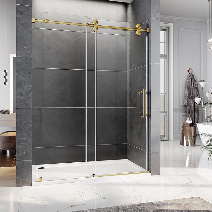 56-60 Inch x 80 Inch Sliding Frameless Shower Door, 3/8" Tempered Glass with Easy-Cleaning Coating, Stainless Steel Rollers & SGCC-Certified Stability, Satin Brass
