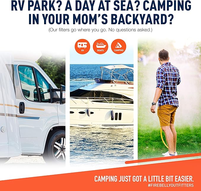 Firebelly Outfitter RV Water Filter, Pressure Regulator Kit - RV Essentials, Camper Accessories for Inside/Outside - Camping Must Haves - Inline Fresh Drinking Hose Filtration System Supplies