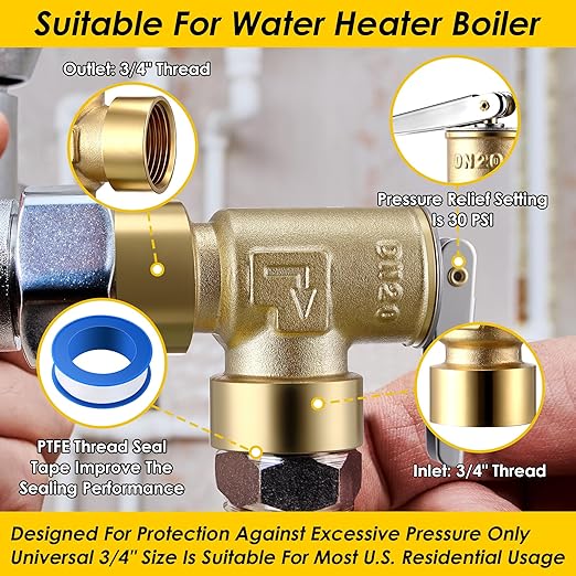 30 PSI Pressure Relief Valve, Boiler Relief Valve with 3/4" Female NPT x 3/4" Female NPT, PTFE Thread Seal Tape, Brass, for Hot Water and Cold Water Systems