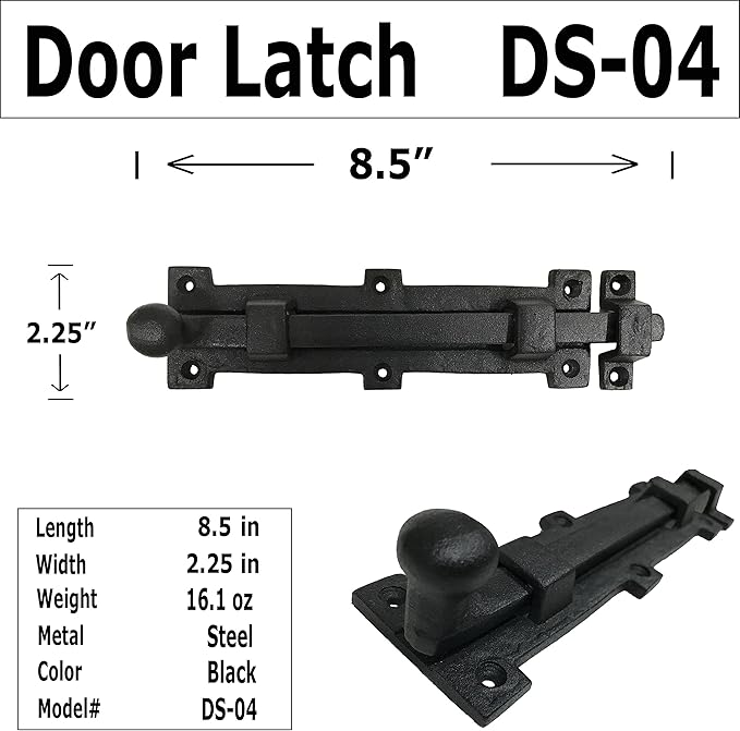 Antique style 8" Black Wrought Iron - Slide Door Bolt Latch - vintage iron - Decorative style 8 in door latch DS-04 (1)