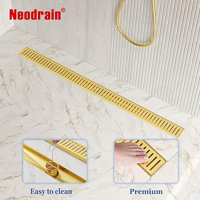 Neodrain 36" Gold Bathroom Linear Shower Drain with Removable Capsule Pattern Grate, 304 Stainless Steel Rectangle Shower Floor Linear Drain- Adjustable Leveling Feet,Hair Strainer, CUPC Certified