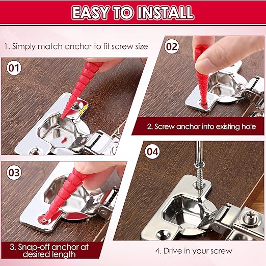 30 Pcs Wood Anchor, Stripped Screw Hole Repair Kit for Wood, Door Hinge Screw Hole Repair Fits Screws Sizes #2 to #16, Red