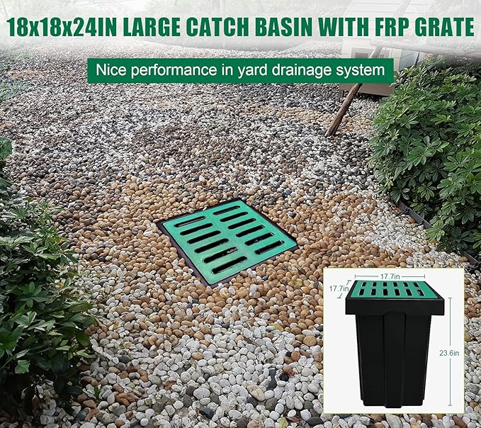 Catch Basin for Drainage with Fiber Glass Grate-18x18x24 in. Deep Drainage Basin with Debris Basket,A15 French Drain Basin Without Reserved Hole for Yard,Downspout,Lawn,Municipal Pipeline