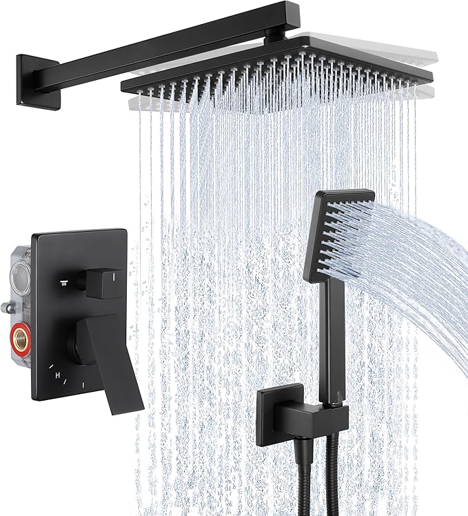 KES Shower System Shower Faucet Set Rain Shower Head with Handheld Shower Valve and Trim Kit Matte Black, XB6223F25-BK