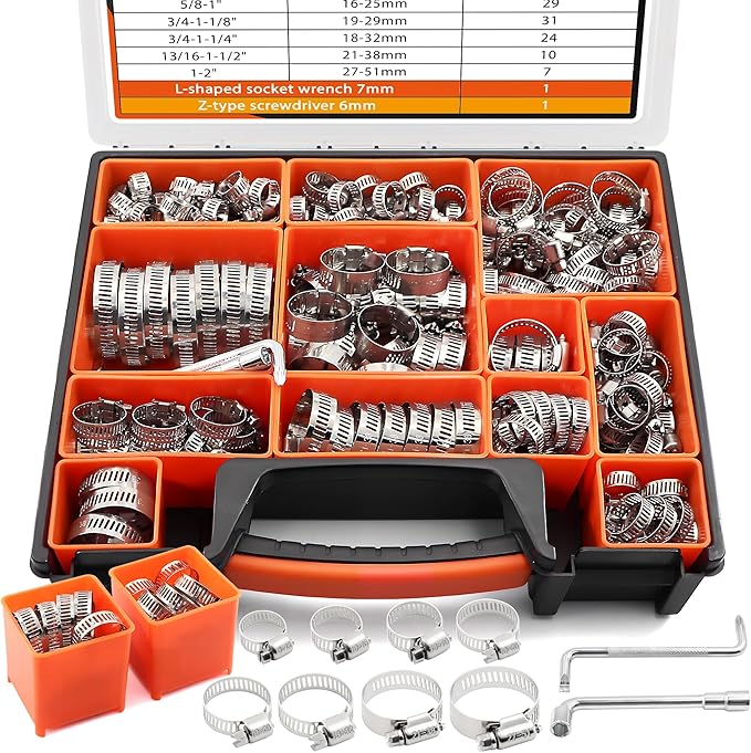 210-Piece 304 Stainless Steel Worm Gear Hose Clamps Assortment Kit,1/4-2 Inch(6-51mm) for Plumbing,Automotive,Fuel Line,Industrial,Tube,Applications