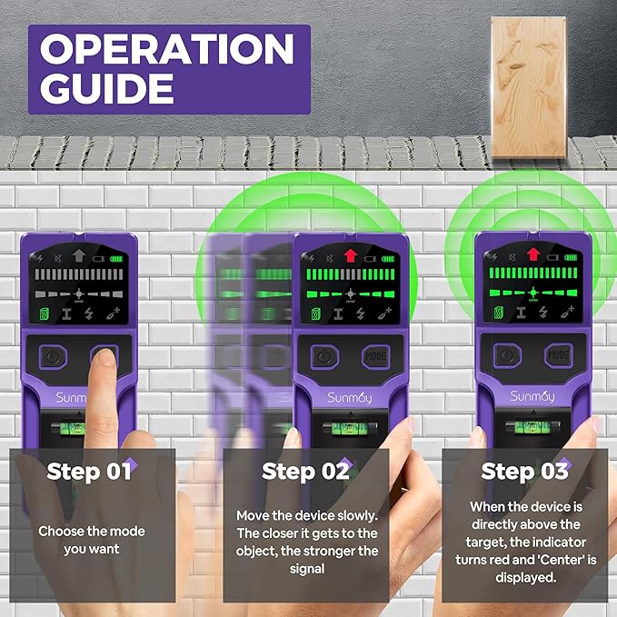 SUNMAY Stud Finder for Walls, 7-in-1 Wall Scanner with Upgraded Intelligent Chip for Wood Metal Studs, Live AC Wires, Joists and Pipes, HD LCD Display, Voice Alerts and Accurate Positioning
