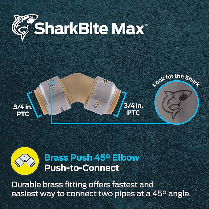 SharkBite Max 3/4 Inch 45 Degree Elbow, Push to Connect Brass Plumbing Fitting, PEX Pipe, Copper, CPVC, PE-RT, HDPE, UR656A