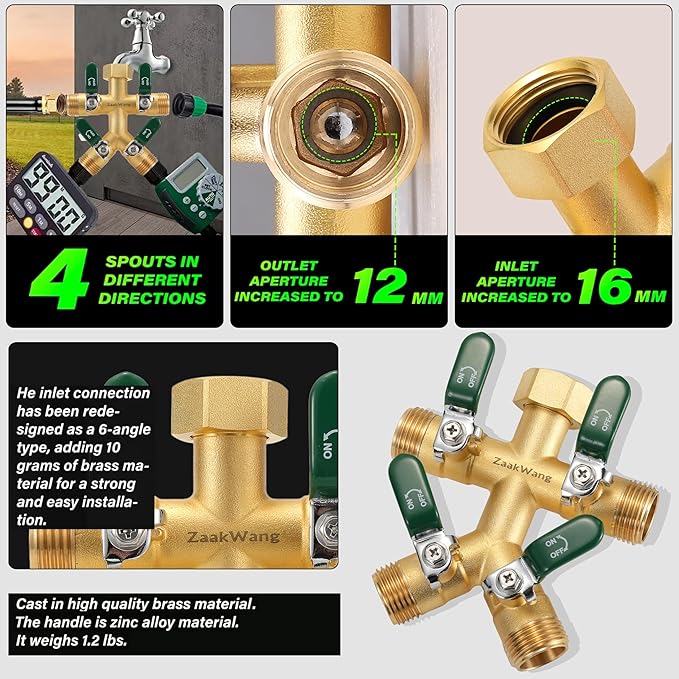 Garden Hose Splitter, 4-Way Full Flow Outdoor Faucet, Heavy Duty Brass Hose Manifold Wiht Green Long Handle, High Flow Faucet Adapter, 3/4-Inch GHT