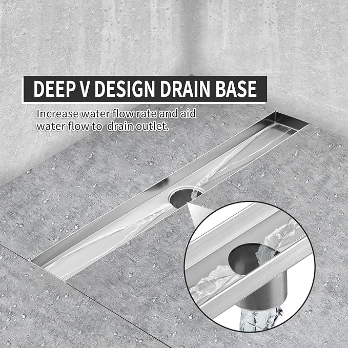 Linear Shower Drain 32 Inch Rectangular, Brushed Nickel SUS-304 Stainless Steel Shower Drain, 51L/Min Fast Drainage Floor Linear Drain, US Standard CUPC Certified, Brushed Silver, SD-112-32S