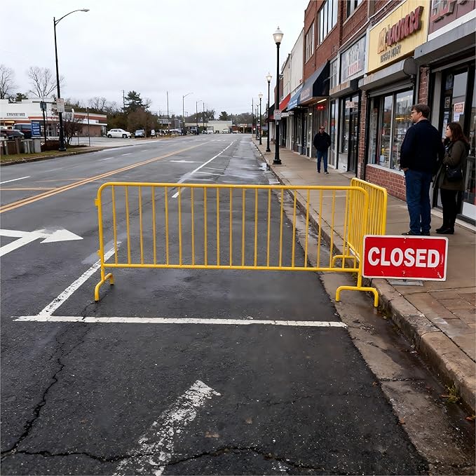 Interlocking Steel Barricade, 7.5 Ft. Heavy Duty Galvanized Metal Barricade, Interlocking Steel Road Barriers with with Bridge Feet Base, for Crowd Control Event Fencing Indoor/Outdoor, Yellow