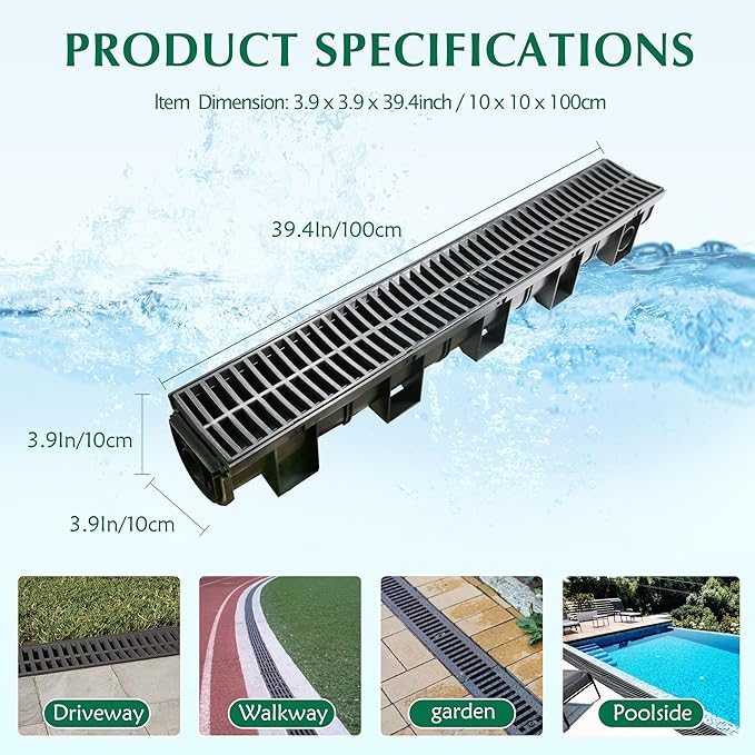 Trench Drain System with Plastic Grate, 3 Packs HDPE Channel Drainage, 39.4" x 3.9" x 3.9" Garden Drain, Total Length 118.2 Inch for Driveway Yard Pool Sidewalk Patio (3, 3.9 x 3.9 Inch)