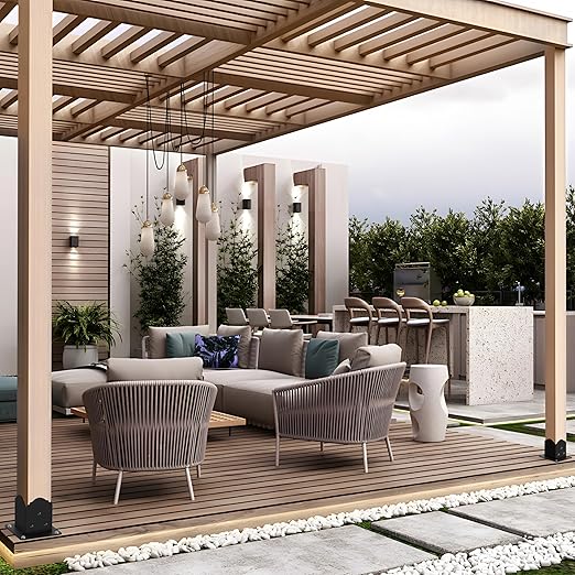 4x4 Post Base(４-Pack), Heavy-Duty Post Bracket (3.6 x 3.6 Inch Inner Size), Decorative Powder-Coated Wood Post Anchors for Pergolas, Fences, Decks, Come with Wood Screws and Concrete Anchors