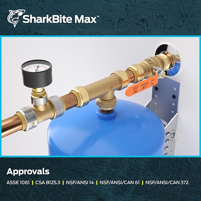 SharkBite Max 3/4 x 3/4 in Pressure Gauge Tee, Push-to-Connect Brass Plumbing Fitting, UR24438