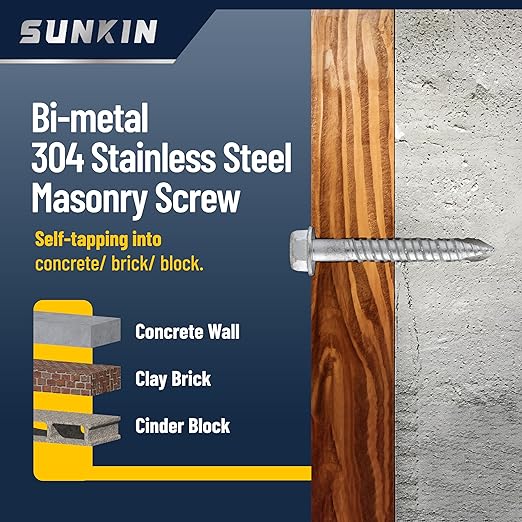SUNKIN #14x1-5/8 inch Stainless Steel 18-8 Bi-Metal Masonry Concrete Screw, Hex Head Zinc Plated 60 PCS Exellent NO Rust for 20+ Years Ideal for Outdoors Projects