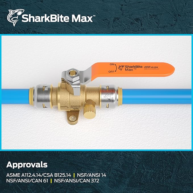 SharkBite Max 1/2 Inch Ball Valve with Drain Vent and Mounting Tab, Push to Connect Brass Plumbing Fitting, PEX Pipe, Copper, CPVC, PE-RT, HDPE, UR24615A