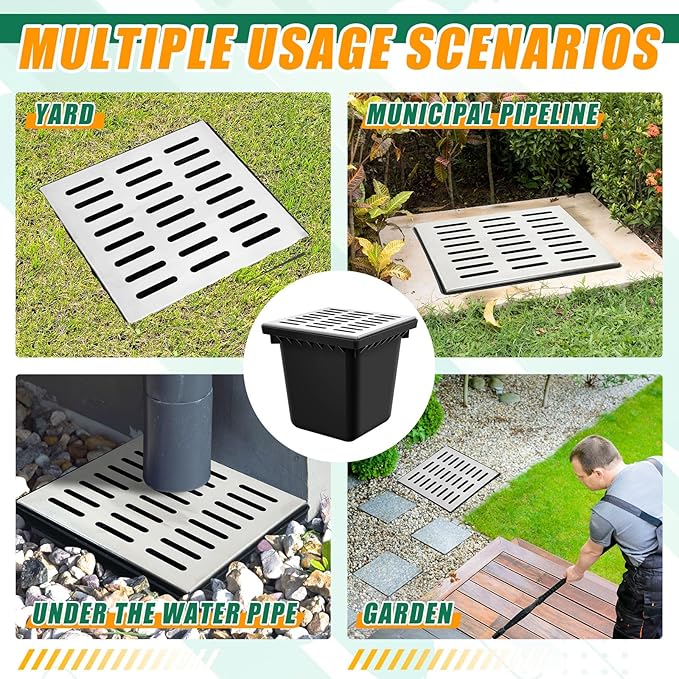 Catch Basin with 304 Stainless Steel Grate 18 x 18 x 15 Inch Square Large Catch Basin for Drainage with Debris Basket French Drain Without Reserved Hole for Yard, Downspout, Municipal Pipeline