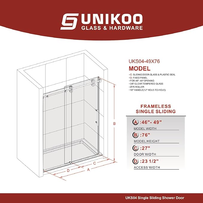 46-49 Inch x 76 Inch Sliding Frameless Shower Door, 3/8" Tempered Glass with Easy-Cleaning Coating, Stainless Steel Rollers & SGCC-Certified Stability, Space Gray