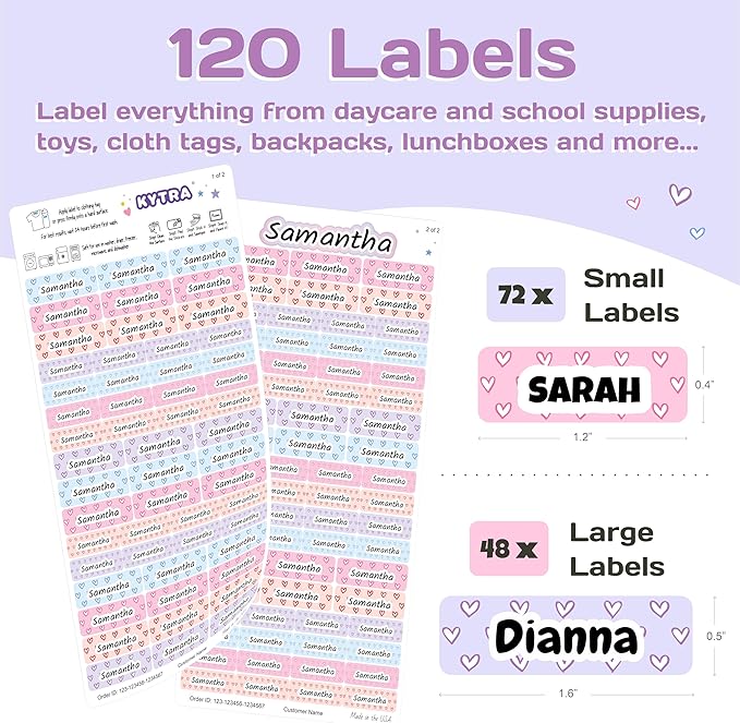 KYTRA Personalized Name Labels for Kids 120 Stickers for Daycare & School Supplies, Clothes, Toys, Lunchboxes and More - Waterproof, Laundry, Dishwasher & Microwave Safe, Made in USA (Cutie Love)