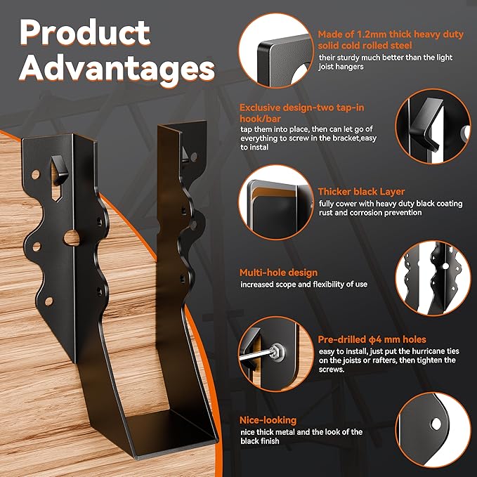 50 Pcs Black 2x6 Joist Hangers for Wood, Rafter Brackets, face Mount Joist Hangers, Hurricane Ties 2x6 Brackets for Shed/Barn/Coop/Porch/Truss, Structurally Sound and Aesthetically Pleasing
