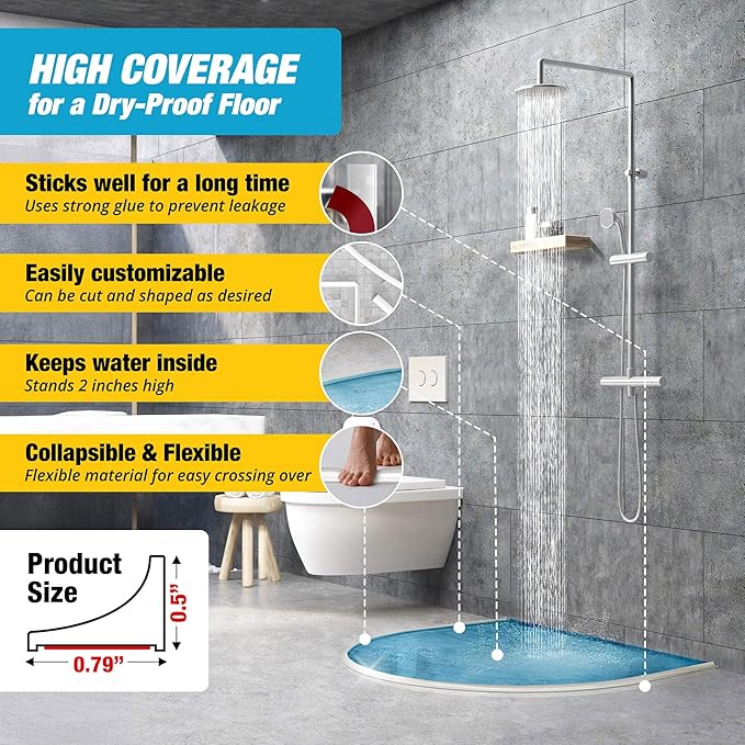 Shower Threshold Water Dam Barrier - White Collapsible Shower Water Blocker - Guard for Walk in Shower - Water Guard Stopper for Floor - Shower Door Water Blocker - By Hippo Dam (65 In, White)