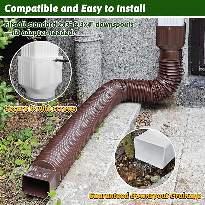 2 Pack Rain Gutter Downspout Extensions 60" with Filter, Corrugated Flexible Gutter Pipe, Downspout Diverter, Down Spout Drain Extension, Extendable from 20" to 60", Screws for Included, Brown