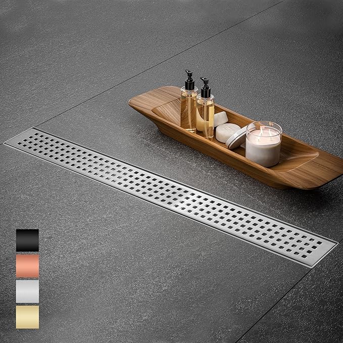 Linear Shower Drain 28 Inch Rectangular, Brushed Nickel SUS-304 Stainless Steel Shower Drain, 51L/Min Fast Drainage Floor Linear Drain, US Standard CUPC Certified, Brushed Silver, SD-112-28S