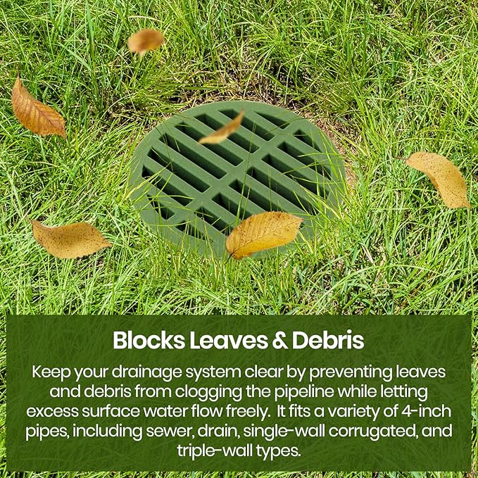 (2-Pack) Calvana 4” Plastic Round Drainage Grate Cover, Fits 4” Pipes, Prevents Debris, Ideal for Lawns, Patios, and Walkways, Durable UV-Resistant Plastic, Easy Installation, Green