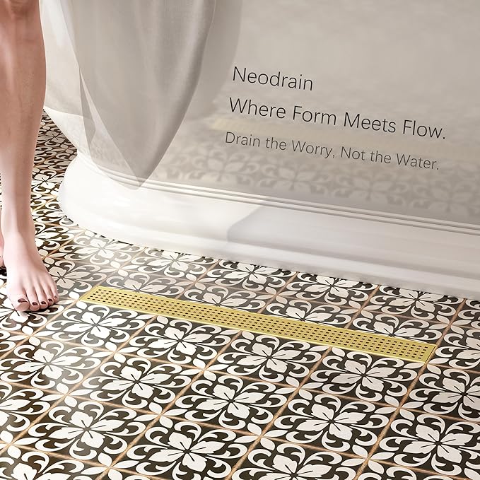 Neodrain 24-Inch Brushed Brass Linear Shower Drain with Removable Quadrato Pattern Grate, 304 Stainless Steel Gold Rectangle Shower Floor Drain, Bathroom Linear Drain & Hair Strainer, CUPC Certified