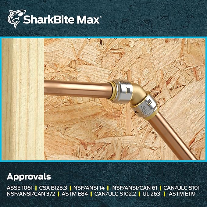 SharkBite Max 3/4 Inch 45 Degree Elbow, Push to Connect Brass Plumbing Fitting, PEX Pipe, Copper, CPVC, PE-RT, HDPE, UR656A
