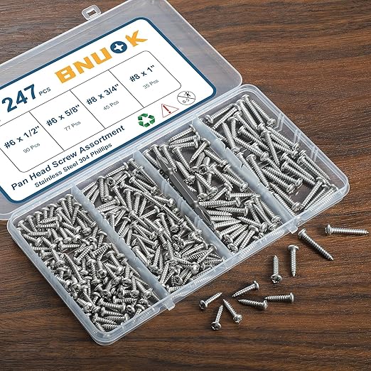 247Pcs Pan Head Wood Screws Assortment Kit, #6#8 Stainless Steel 304 Self Tapping Screws Set, Phillips Drive, Sheet Metal Screws