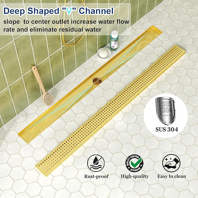 Neodrain 36-Inch Brushed Brass Linear Shower Drain with Removable Quadrato Pattern Grate,304 Stainless Steel Gold Rectangle Shower Floor Drain,Linear Drain with Hair Strainer