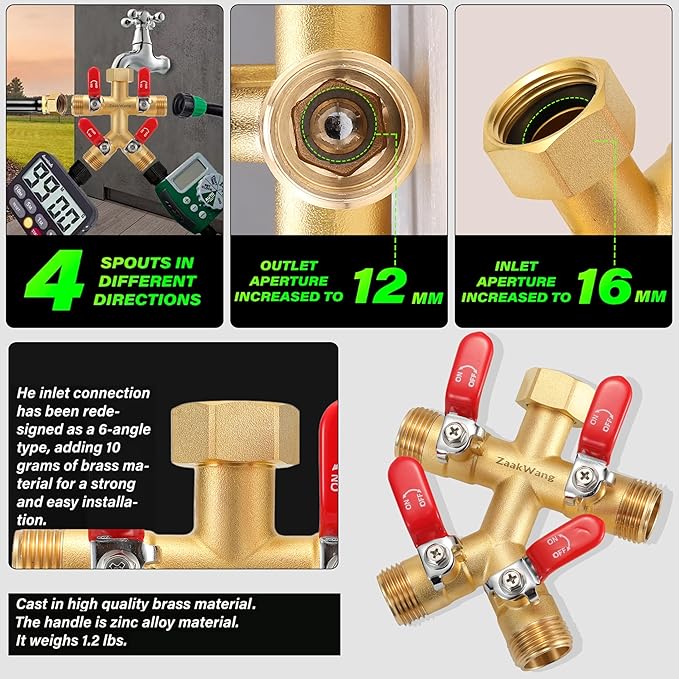 Garden Hose Splitter, 4-Way Full Flow Outdoor Faucet, Heavy Duty Brass Hose Manifold Wiht Red Long Handle, High Flow Faucet Adapter, 3/4-Inch GHT