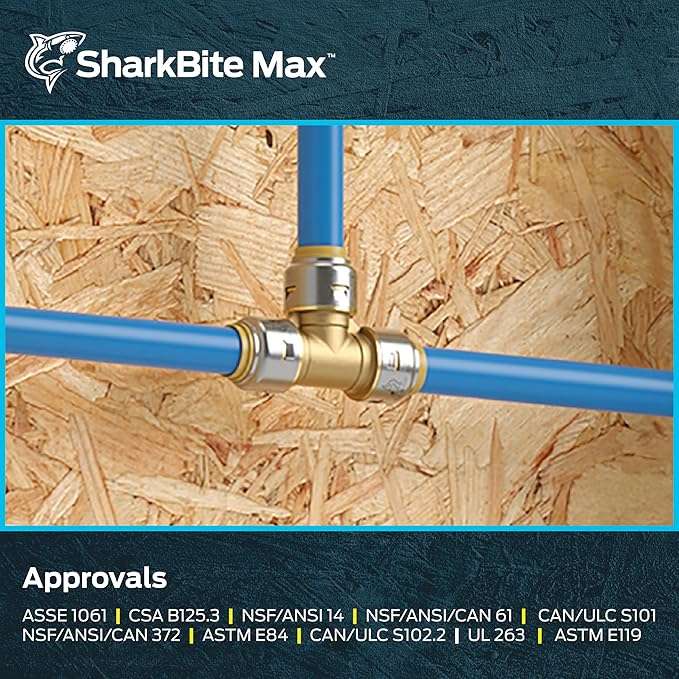 SharkBite Max 1 Inch Tee, Pack of 3, Push to Connect Brass Plumbing Fitting, PEX Pipe, Copper, CPVC, PE-RT, HDPE, UR374