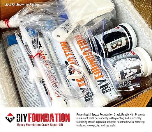 RadonSeal Epoxy Concrete Foundation Crack Repair Kit (10-Ft) - Waterproof & Structurally Stabilize Cracks in Basement, Retaining, Sea Walls - Permanently Repairs & Prevents Movement