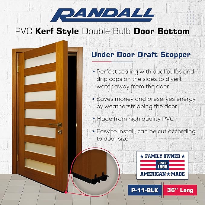 36" Kerf Slide-in Double Bulb Seal Weatherstrip Door Bottom – Durable Seal for Energy Efficiency & Draft Protection (Black)