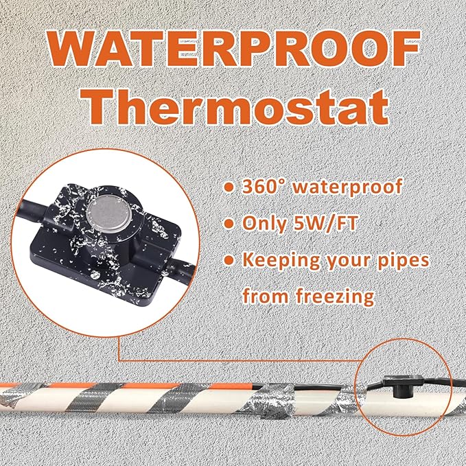 Cupohus Heat Tape for Water Pipes with Thermostat 25FT, Freeze Protection Self-Regulating Heat Trace Cable for Metal, Plastic Home Pipes, Roof and RV, 110-120V