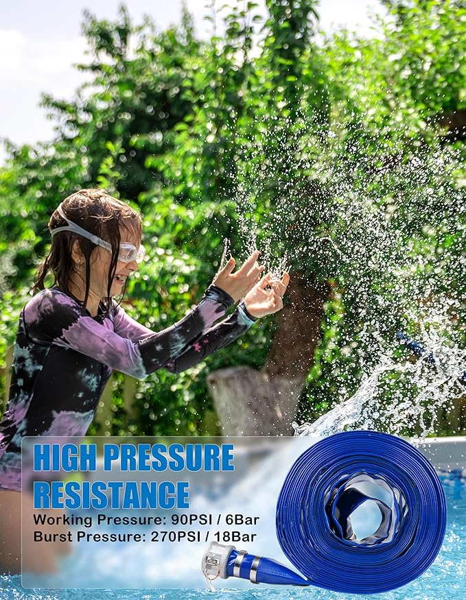 ZYfire Backwash Hose - 2" x 100 FT PVC Lay Flat Discharge Hose with Aluminum Camlock C & E Fittings Heavy Duty Reinforced Pump Discharge Hose Weather and Burst Resistant for Pool Drain, Sump Pump