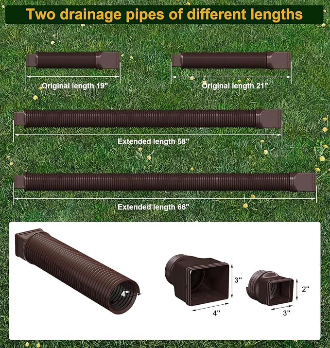 Rain Gutter Downspout Extensions, Downspout Extender for Rainwater Drainage Flexible, Extendable 58"+66" Down Spout Drain Extension Pipes (2 Pack, Brown)