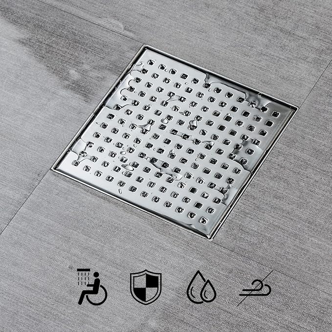 SaniteModar Shower Drain 4 inch with Removable Square Hole Panel, 304 Stainless Steel Brushed Shower Drain Equipped Hair Filter and Threaded Joint with Rubber Ring